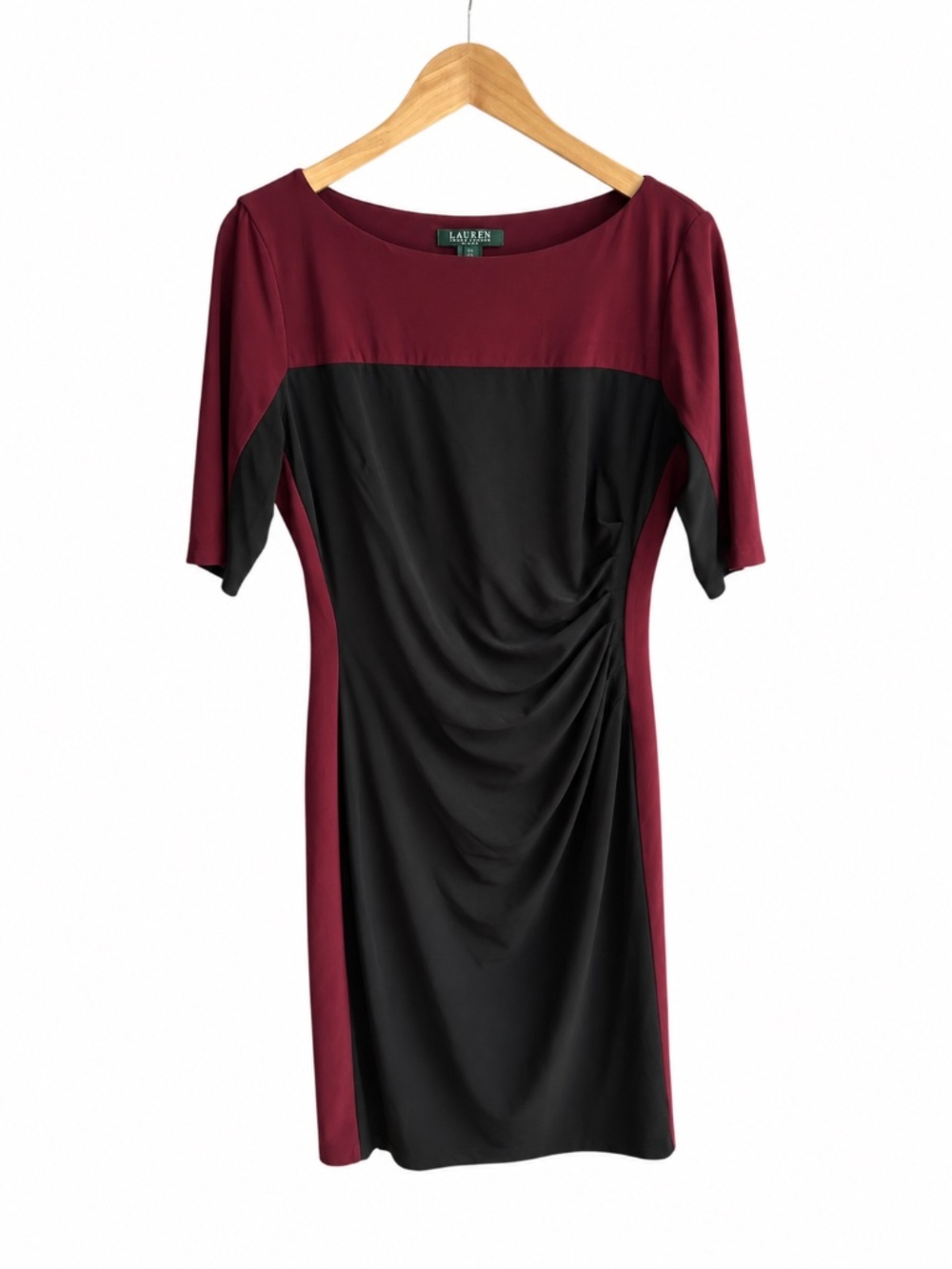 Lauren Ralph Lauren Dress 12 Burgundy Black Colorblock Ruched Sheath